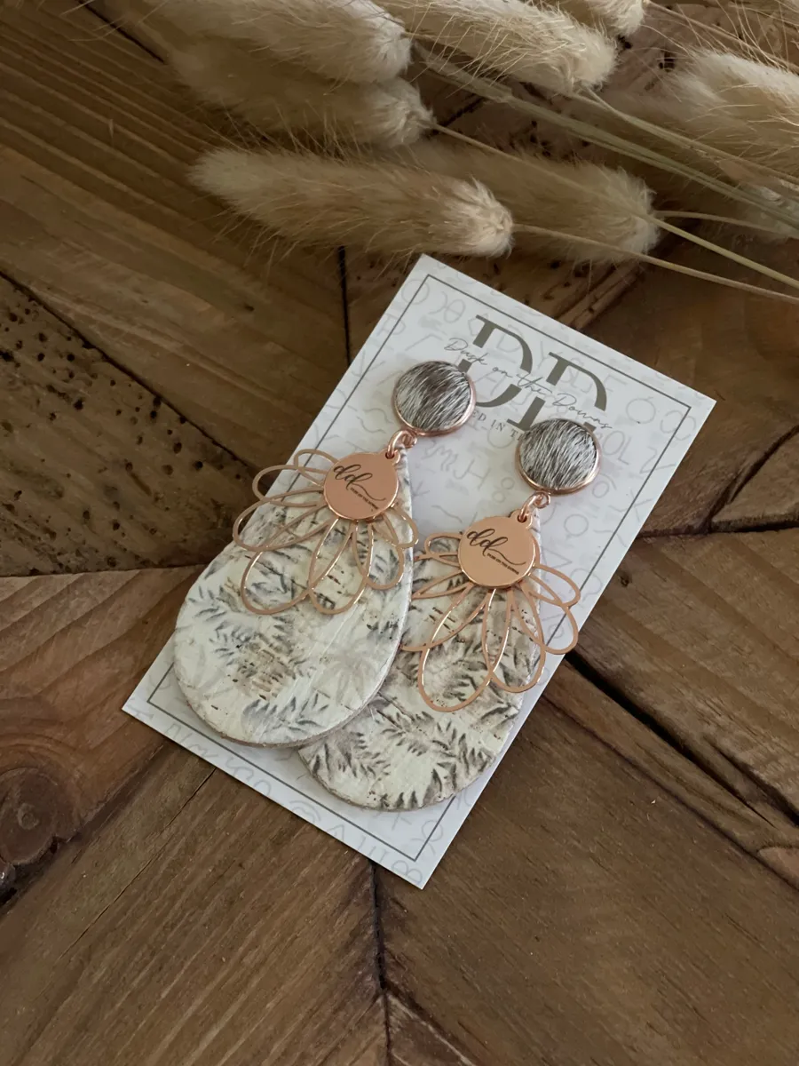 FRANKIE Cowhide, Printed Cork & Leather Dangle Earrings | Dusk on the Downs