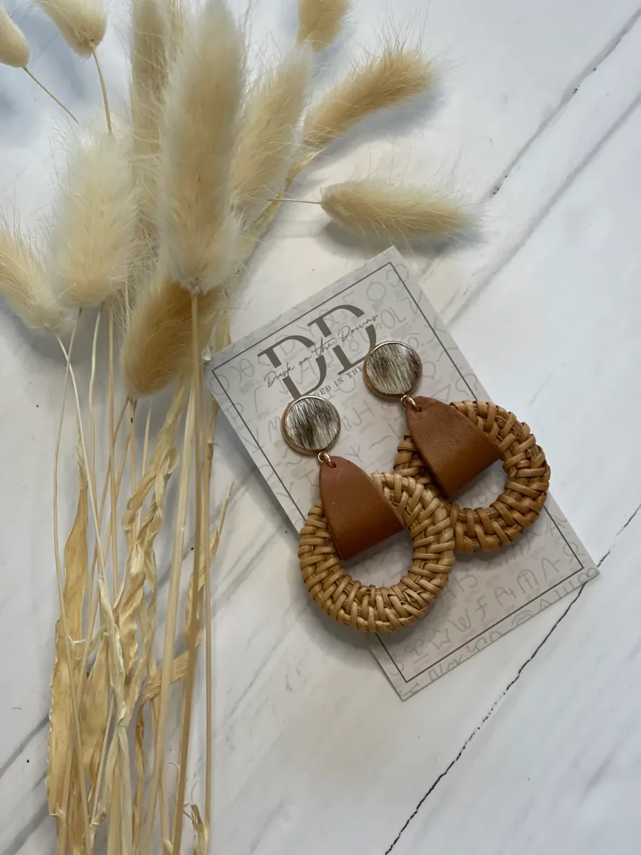 RACHEL Cowhide, Leather & Rattan Dangle Earrings (Round) | Dusk on the Downs