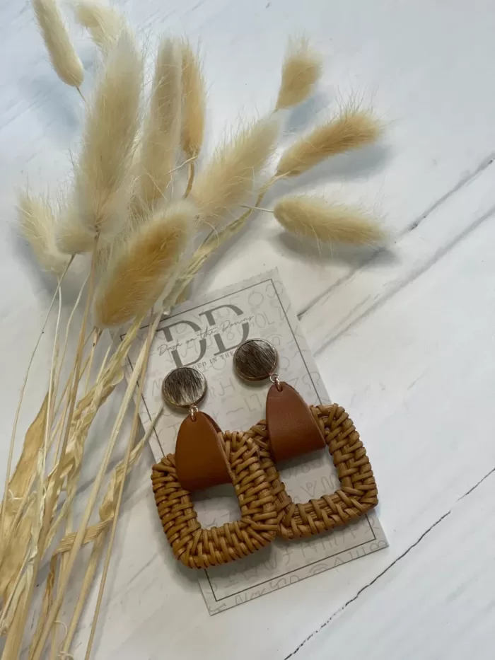 RACHEL Cowhide, Leather & Rattan Dangle Earrings (Square) | Dusk on the Downs